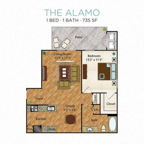 Floor plan for 1 bed, 1 bath, 735 sqft