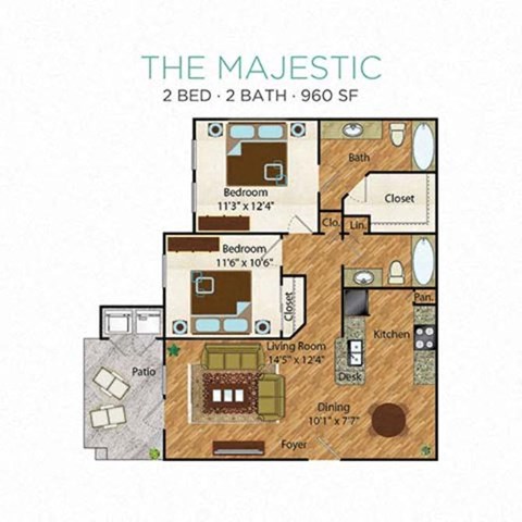 Floor plan for 2 beds, 2 baths, 960 sqft
