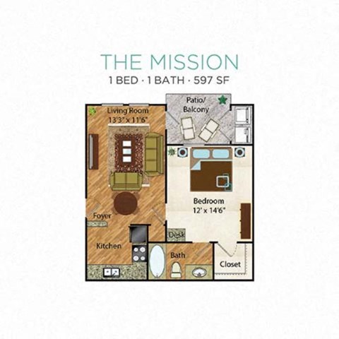 Floor plan for 1 bed, 1 bath, 597 sqft
