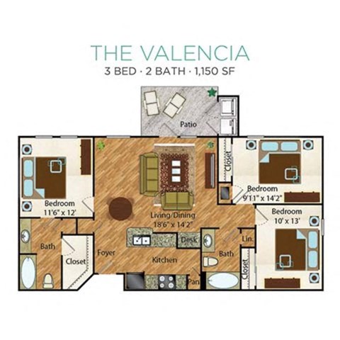 Floor plan for 3 beds, 2 baths, 1150 sqft