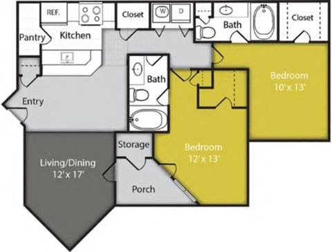 Floor plan for 2 beds, 2 baths, 1100 sqft