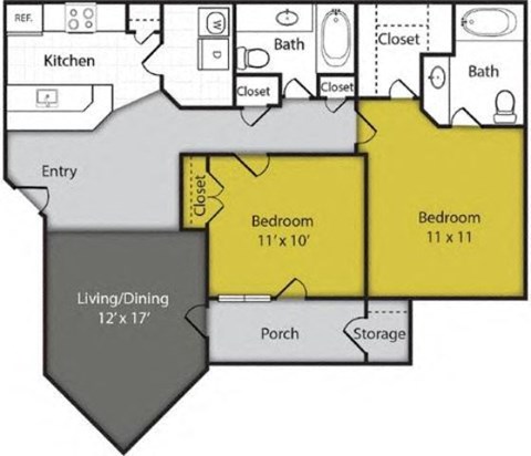 Floor plan for 2 beds, 2 baths, 1000 sqft