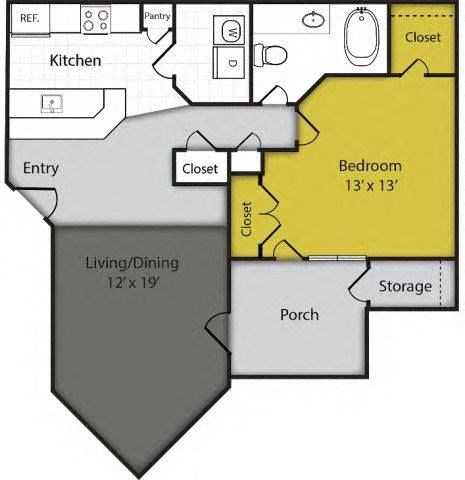 Floor plan for 1 bed, 1 bath, 755 sqft