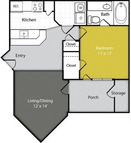 Floor plan for 1 bed, 1 bath, 650 sqft