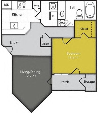 Floor plan for 1 bed, 1 bath, 750 sqft