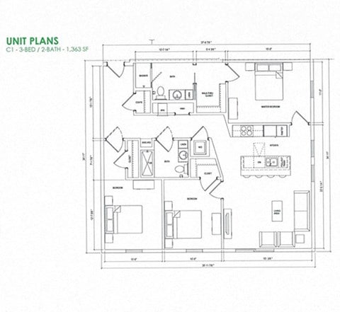 Floor plan for 3 beds, 2 baths, 1089 sqft