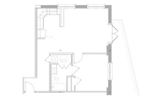 Floor plan for 1 bed, 1 bath, 665 sqft