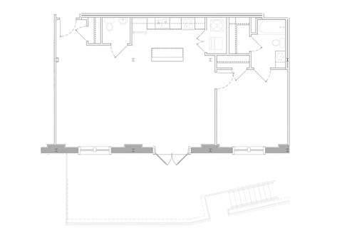 Floor plan for 1 bed, 1.5 baths, 970 sqft