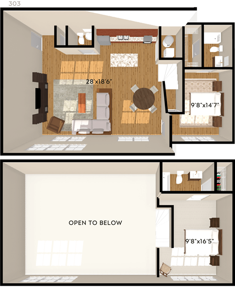 Floor plan for 2 beds, 2.5 baths, 1270 sqft