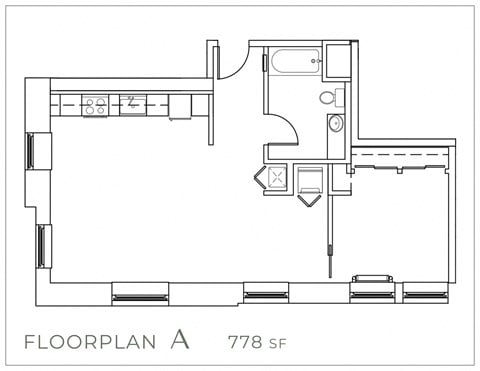 Floor plan for 1 bed, 1 bath, 778 sqft