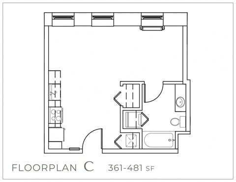 Floor plan for studio, 1 bath, 481 sqft