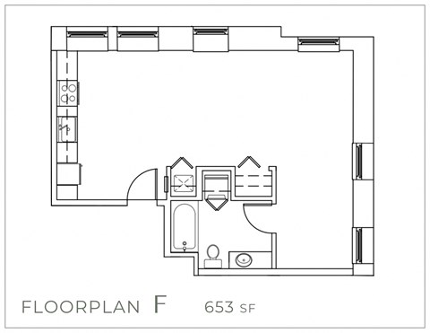 Floor plan for studio, 1 bath, 653 sqft