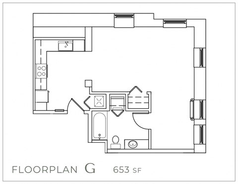 Floor plan for studio, 1 bath, 653 sqft
