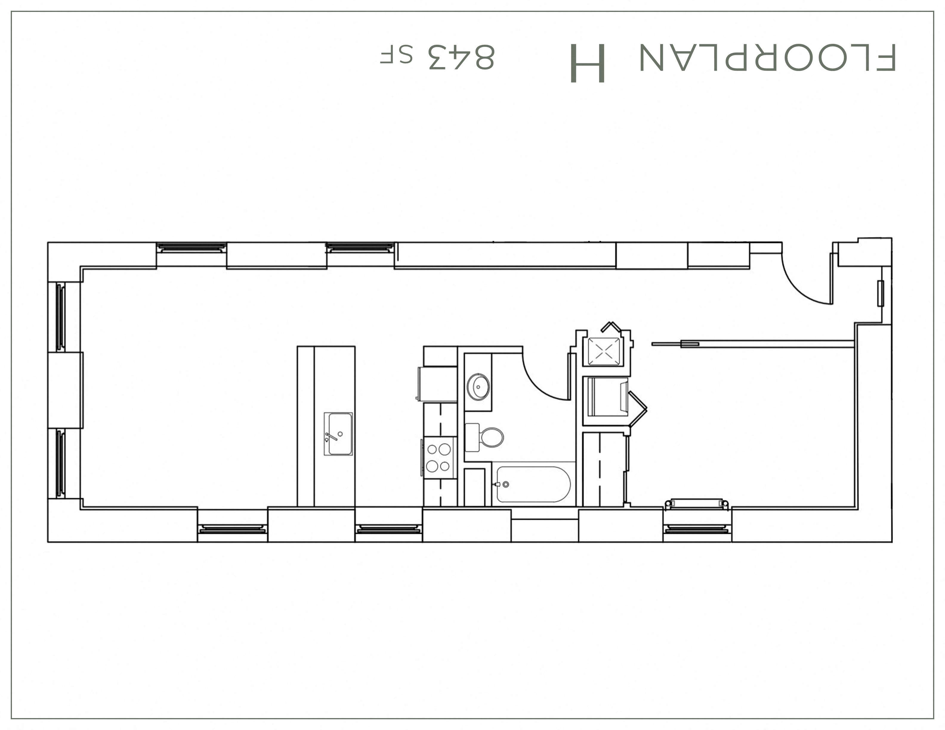 Floor plan for 1 bed, 1 bath, 845 sqft