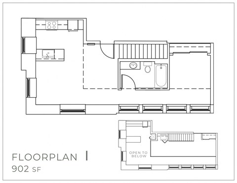 Floor plan for 2 beds, 1 bath, 902 sqft