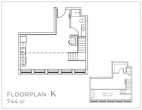 Floor plan for 1 bed, 1 bath, 744 sqft
