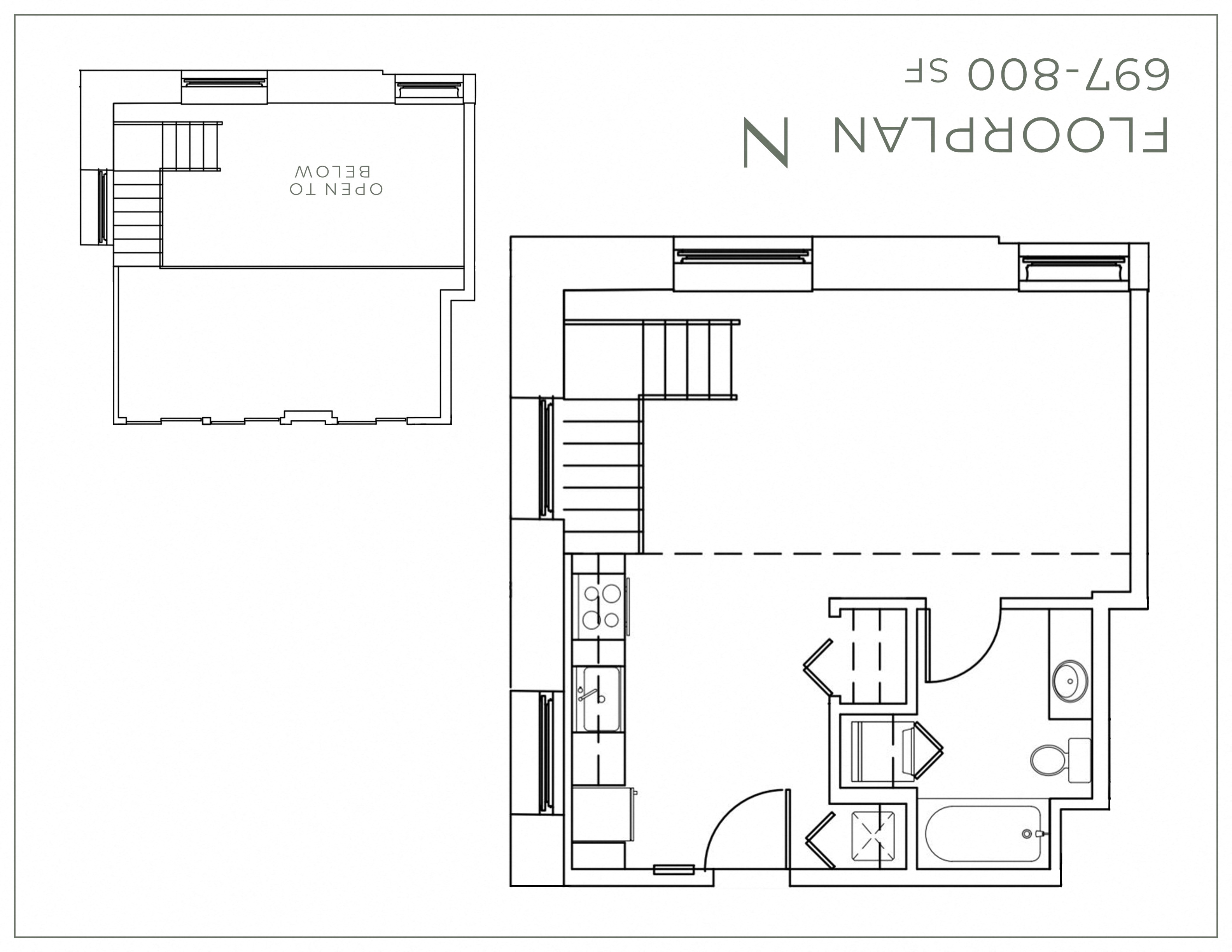 Floor plan for 1 bed, 1 bath, 800 sqft