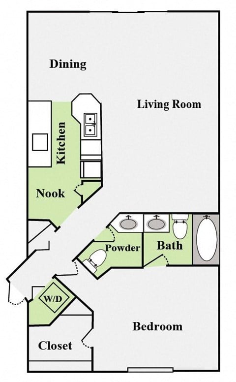 Floor plan for 1 bed, 1.5 baths, 882 sqft