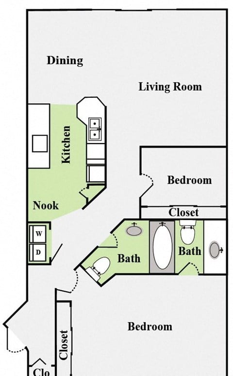 Floor plan for 2 beds, 1.5 baths, 935 sqft