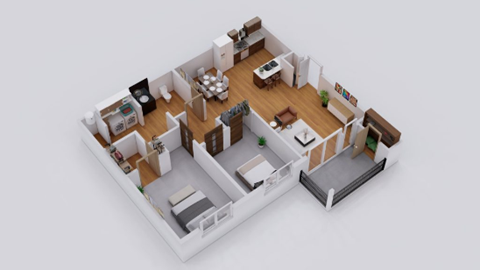 Floor plan for 2 beds, 1 bath, 833 sqft