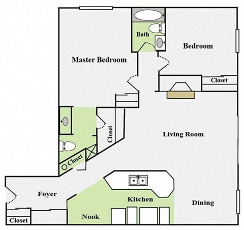 Floor plan for 2 beds, 2 baths, 1097 sqft