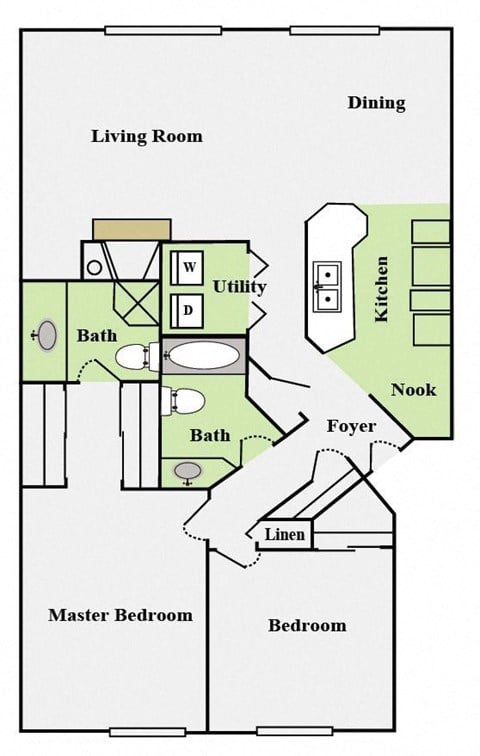 Floor plan for 2 beds, 2 baths, 1092 sqft