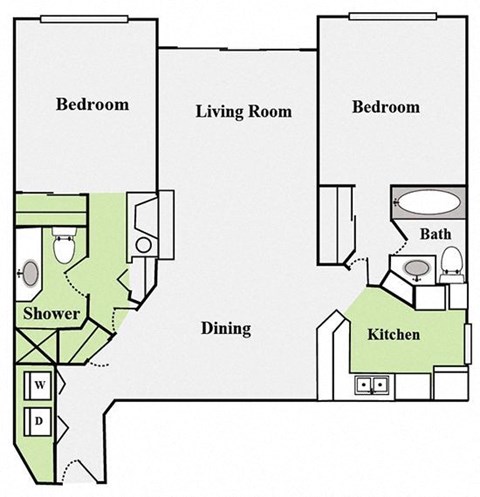 Floor plan for 2 beds, 2 baths, 1056 sqft