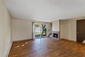 Spokane apartment for rent - an empty living room with a fireplace and a sliding glass door