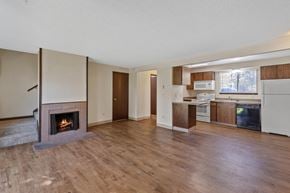 Spokane apartment for rent - an empty living room with a fireplace and a kitchen