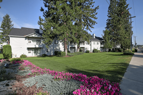 Spokane apartment for rent - the view of an apartment building with a lawn and trees