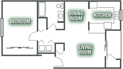 Floor plan for 1 bed, 1 bath, 749 sqft