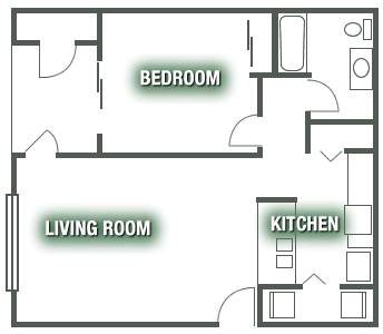 Floor plan for 1 bed, 1 bath, 719 sqft