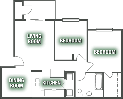 Floor plan for 2 beds, 1 bath, 876 sqft