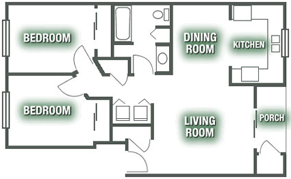 Floor plan for 2 beds, 1 bath, 898 sqft