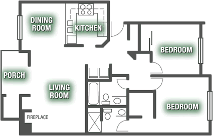 Floor plan for 2 beds, 2 baths, 1037 sqft