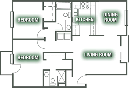 Floor plan for 2 beds, 2 baths, 1047 sqft