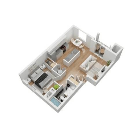 Floor plan for 1 bed, 1 bath, 713 sqft