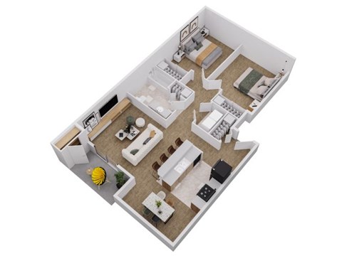 Floor plan for 2 beds, 1 bath, 889 sqft