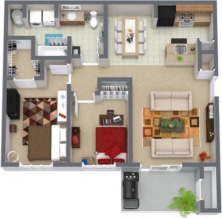 Floor plan for 2 beds, 1.5 baths, 875 sqft
