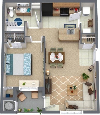 Floor plan for 1 bed, 1 bath, 725 sqft