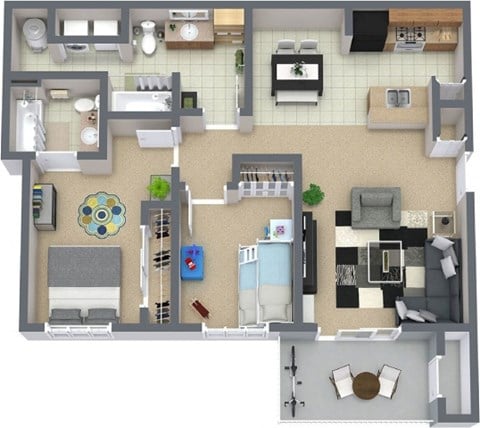 Floor plan for 2 beds, 2 baths, 912 sqft