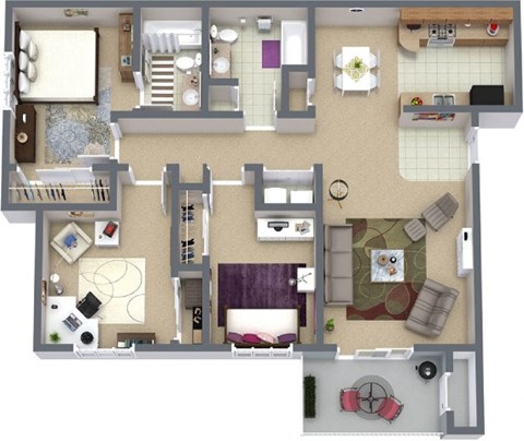 Floor plan for 3 beds, 2 baths, 1128 sqft
