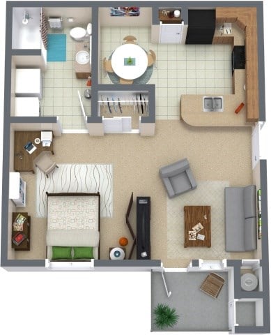 Floor plan for studio, 1 bath, 612 sqft