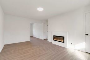 Coeur D'alene apartment for rent - A modern living room with a fireplace and wooden flooring.