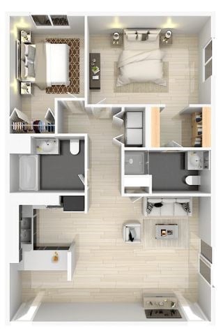 Floor plan for 2 beds, 2 baths, 933 sqft