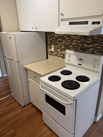 Burnaby apartment for rent - A white stove and refrigerator in a kitchen.