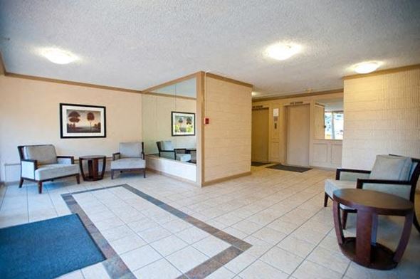 New Westminster apartment for rent - A living room with a blue rug and a brown table.
