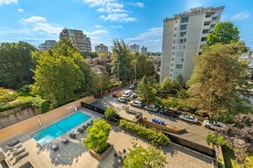 Vancouver apartment for rent - A swimming pool surrounded by trees and a parking lot.