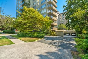 Vancouver apartment for rent - A residential area with apartment buildings and a tree with yellow leaves.