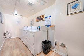 Esquimalt apartment for rent - A kitchen with a fridge, a cupboard and a trash bag.